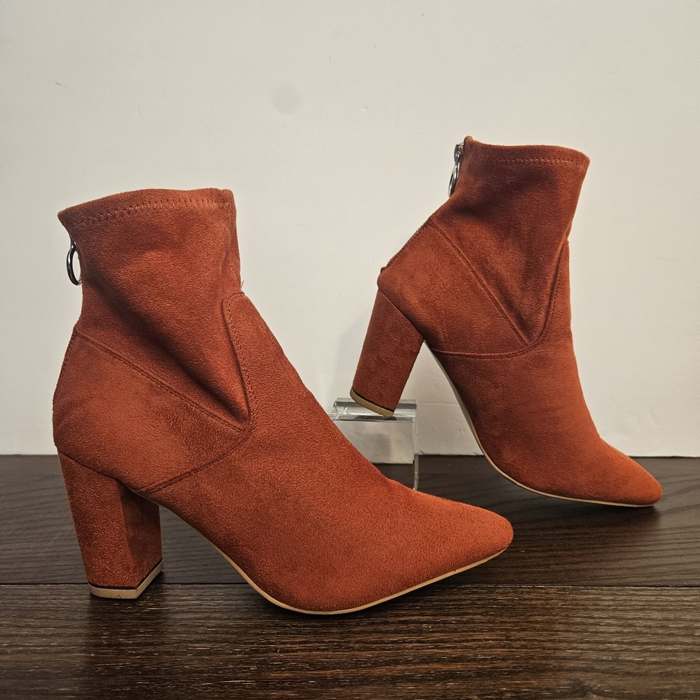 JustFab Rust Orange Faux Suede Pointed Toe Block 3¼" Heel Boots O-Ring Zip Sz 10